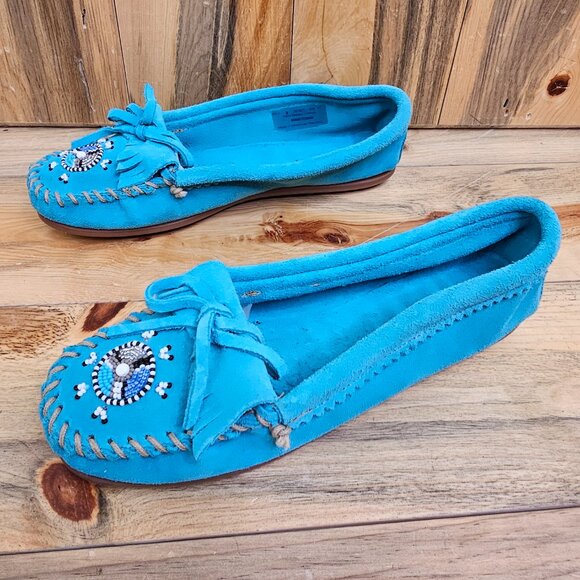 MINNETONKA Turquoise Me to We Maasai Suede Leather Moccasins‎ Size 8 - Picture 3 of 6